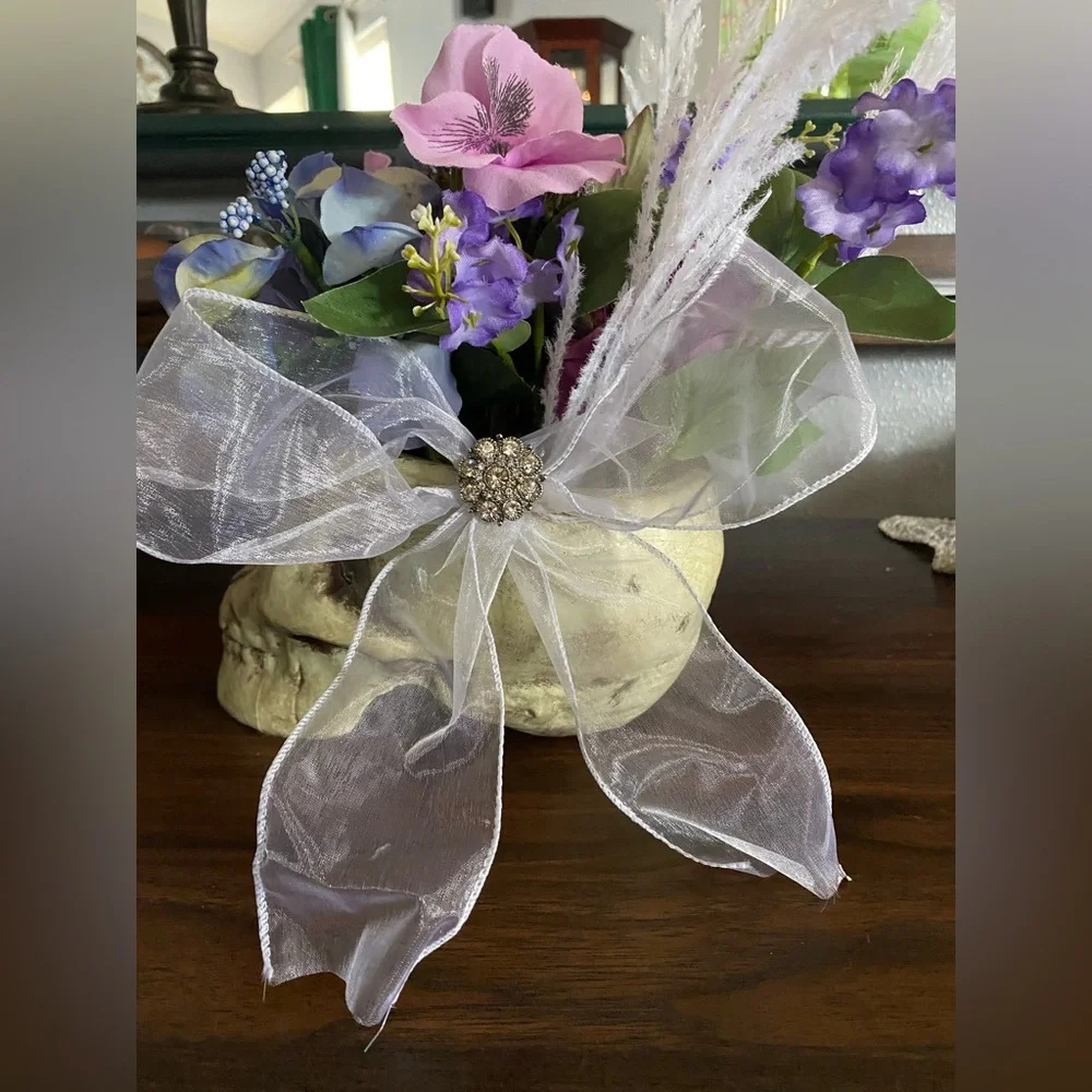 Charming Skull Vase with Rhinestone Eyes and Faux Florals